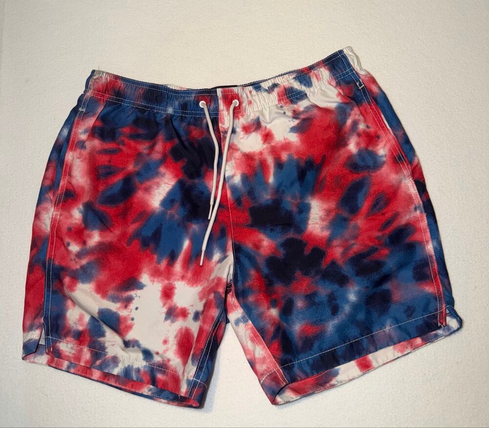 Walnut & 39th men’s tie dye red, white and blue patriotic swim trunks